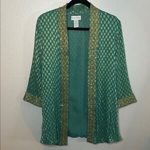 Soft Surroundings Teal Green and Gold Embellished Open Front Kimono